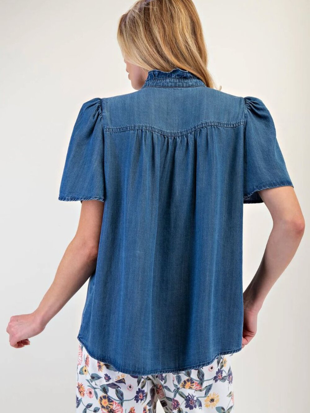 Easel Dark Denim Ruffle Top - Picture 5 of 5